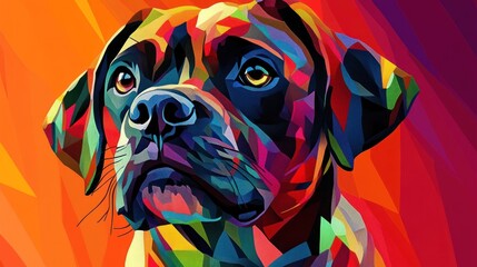 Poster - A vibrant, geometric illustration of a dog's face showcasing colorful patterns.
