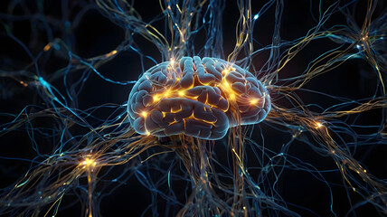 Poster - Illuminated Mind: A mesmerizing 3D rendering of a human brain, intricately detailed with glowing neural pathways, symbolizing intelligence, consciousness, and the complexity of the human mind.