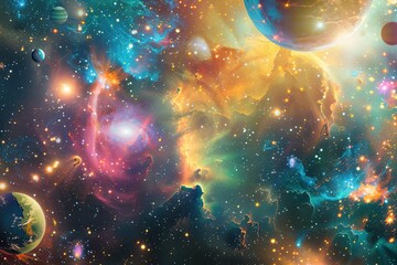 Wall Mural - colorful space scene with many planets and stars