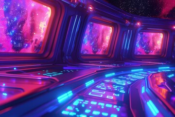 Poster - space station with three windows and a blue and purple background