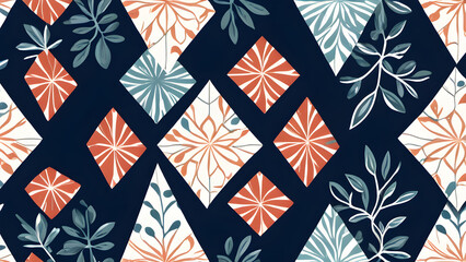 Poster - Seamless floral pattern decorating interlocking diamonds and triangles on dark blue background