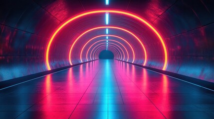 Aufkleber - A vibrant, neon-lit tunnel with reflective surfaces creating a futuristic atmosphere.