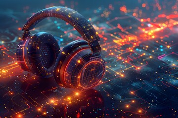 Canvas Print - Futuristic Headphones Surrounded by a Digital Landscape of Light and Color