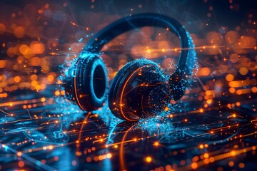 Poster - Vibrant Digital Headphones Surrounded by Glowing Particles