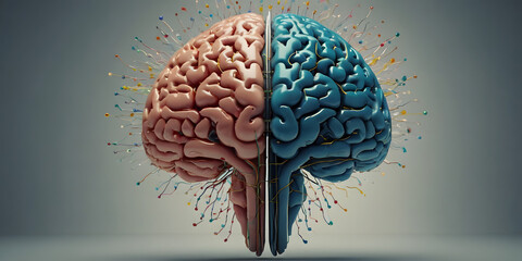 Poster - Brainpower Unleashed: A vibrant, 3D rendering of a human brain, split into pink and blue hemispheres, with colorful sparks emanating from its surface, symbolizing creativity, innovation.