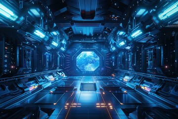 Poster - futuristic space station with a blue planet in the center