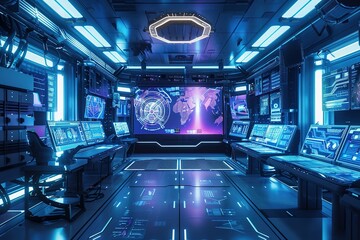Poster - Futuristic room with a large screen and many computer monitors