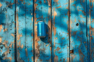 Canvas Print - Vibrant Blue Can Against a Weathered Wooden Wall