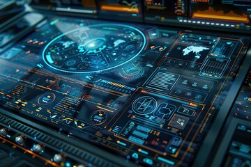 Poster - Computer monitor displays a variety of screens, including a map of the world