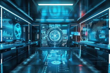 Poster - Futuristic room with a large blue sphere in the center