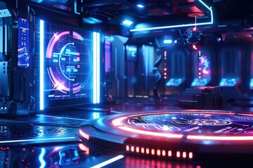 Poster - futuristic room with neon lights and a glowing red circle in the center