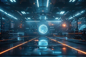 Poster - futuristic space station with a glowing orb in the center