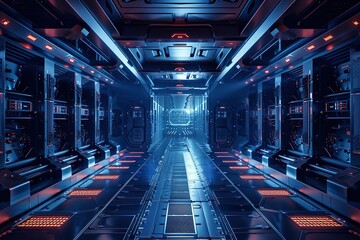 Poster - futuristic space station with a blue and red color scheme