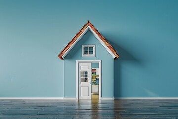 Sticker - Charming Miniature House Against a Soft Blue Wall