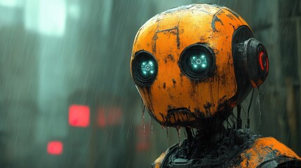 Aufkleber - A weathered robot with glowing eyes stands in a rain-soaked, futuristic environment.