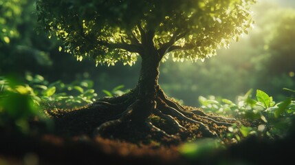 Lush green tree with exposed roots in sunlight.