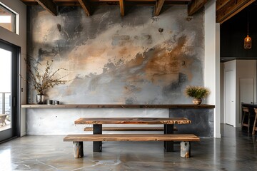 Wall Mural - Modern Rustic Dining Space with Artistic Wall and Natural Elements