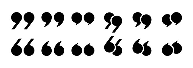 Poster - Round quotation marks icons are black on a white background. A set of linear icons, commas. Check mark or checkbox, quote icons in comments. Vector EPS 10.