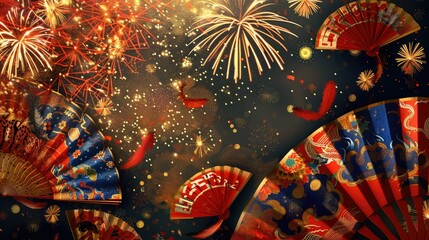 Wall Mural - Chinese New Year Background with Colorful Fans and Fireworks for Cultural Events, Festivals, and Decorative Use in Print and Digital Media