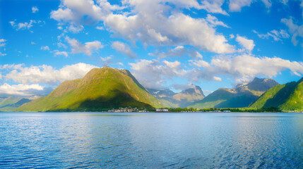 Wall Mural - norway. nature in fjords. high mountains and reflections on the surface of the water. clouds over th