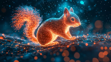 A glowing squirrel icon surrounded by foraging data, representing online nature education platforms, wildlife observation tools, and ecological tracking resources. 