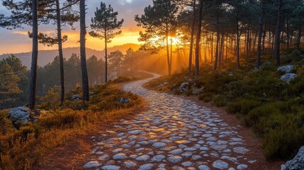 Poster - A winding stone path through a forest at sunset, illuminated by warm sunlight.