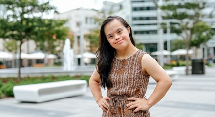 Canvas Print - Confident young woman with down syndrome in urban park setting