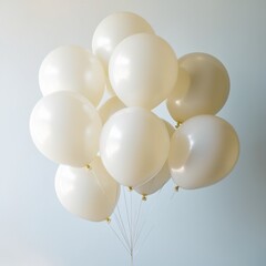 A delicate cluster of pure white balloons, gently inflated and tied together with a subtle shimmering thread, suspended in mid-air against a soft, serene blue background.AI generated