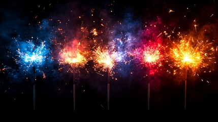 Wall Mural - Shimmering glowing sparkler festive 2025 colorful fireworks trails against dark sky background new year concept