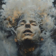 Poster - Ethereal Portrait of a Dreamlike Figure Surrounded by Wisps of Smoke