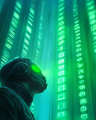 Poster - Futuristic figure exploring glowing green data in cyber space