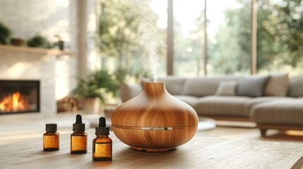 Poster - A wooden essential oil diffuser emits steam in a cozy living room with soothing ambiance.