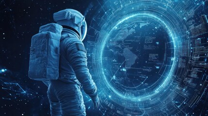 Aufkleber - An astronaut gazes at a futuristic digital interface in space.