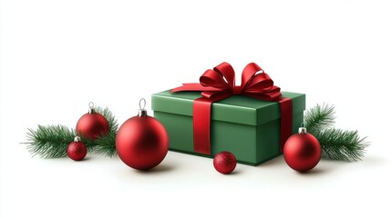 Wall Mural - festive christmas decoration with red ornaments and green gift box