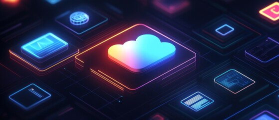 Poster - Glowing cloud icon on digital interface.