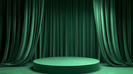 Wall Mural - Luxury natural green product display podium stand on green velvet curtain background, for product showcase, curation, cosmetic product show. Velvet. Illustration