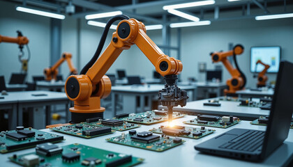 Poster - Advanced robotic arm assembling electronic components in a high-tech lab setting in the heart of a busy urban area