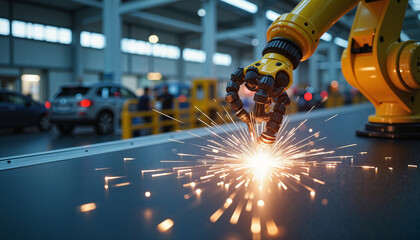 Poster - Innovative robotic arm welding sparks excitement in an industrial setting during daytime operations