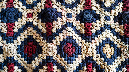 Wall Mural - A richly textured vintage crochet blanket in deep navy, burgundy, and cream, arranged in alternating rows of diamond and square motifs.