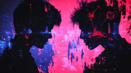 Poster - Silhouettes against a vibrant digital background, symbolizing technology and connection.