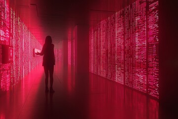 Poster - Ethereal Figure Silhouetted in Glowing Red Digital Installation with Abstract Code-Like Patterns on Wall, Creating a Futuristic and Enigmatic Atmosphere