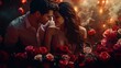 © abdul kahfi - Romantic Couple Embrace Amidst Red Roses and Fairy Lights