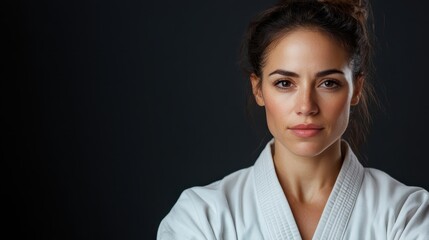 A focused martial artist wearing a white gi, standing against a dark background, conveying strength and determination through a confident gaze.