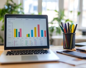 Fototapete - A modern workspace featuring a laptop displaying colorful statistical graphs, highlighting data analysis and business growth, surrounded by office supplies and greenery.