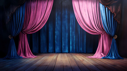 Poster - Blue and pink velvet curtains and wooden floor stage background. Velvet. Illustration