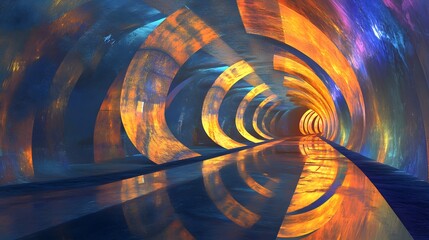 Poster - A vibrant, futuristic tunnel illuminated by swirling patterns of orange and blue light, creating a mesmerizing visual effect that evokes a sense of motion and advancement.
