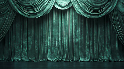 Poster - Elegant green velvet curtain on a dimly lit stage, pulled back slightly, revealing a hint of darkness, creating an air of anticipation and mystery. Velvet. Illustration