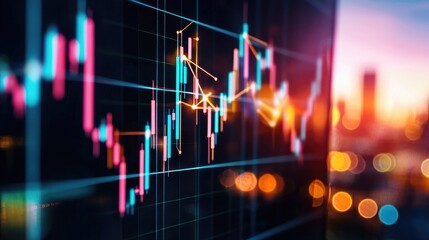 Poster - Colorful Stock Market Chart with Data and Trend Lines at Sunset