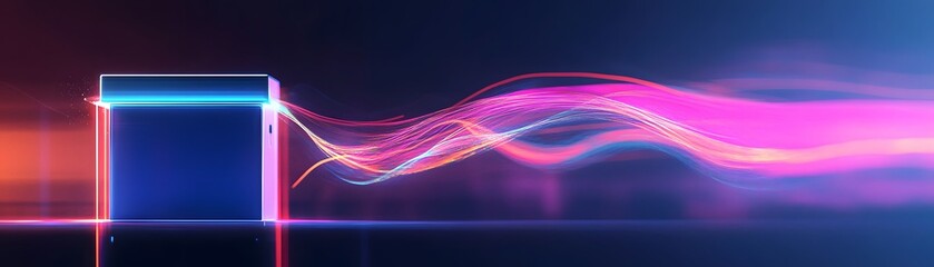 Poster - A vibrant illustration showcasing a glowing cube amidst flowing waves of light in various colors, representing innovation and modern technology in a digital age.