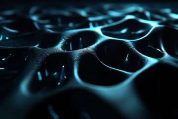 Poster - Abstract Close-Up of a Dark Surface with Intricate Patterns and Glowing Blue Highlights Capturing an Artistic and Futuristic Aesthetic in Modern Design
